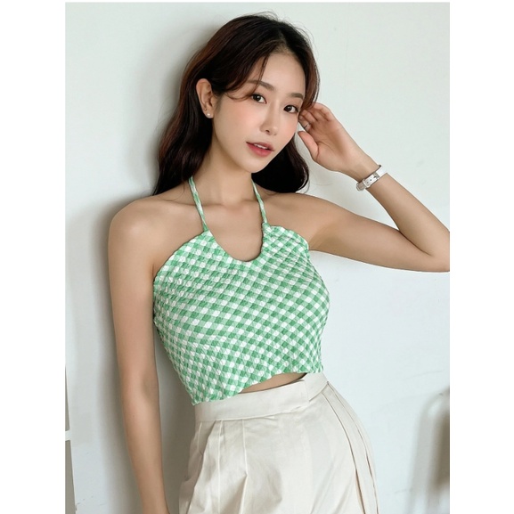 Áo dây buộc cổ họa tiết caro xinh xắn