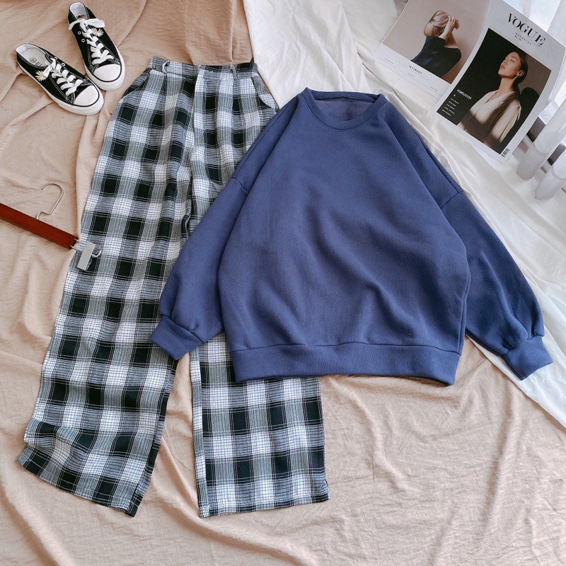 SET ÁO SWEATER XANH QUẦN CARO