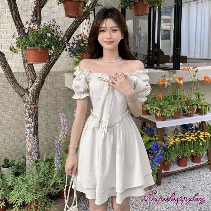 Đầm Tay Phồng Cổ Vuông Thắt Nơ Phong Cách Cổ Điển Pháp