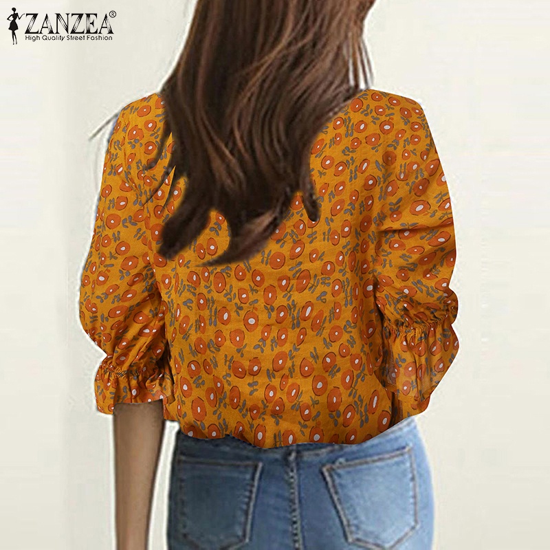 ZANZEA Áo Kiểu Tay Phồng Cổ Tròn 3 / 4 Thời Trang Dành Cho Nữ