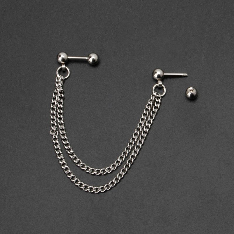 Hoa tai đinh tán dạng khuyên kẹp phối dây xích cho unisex