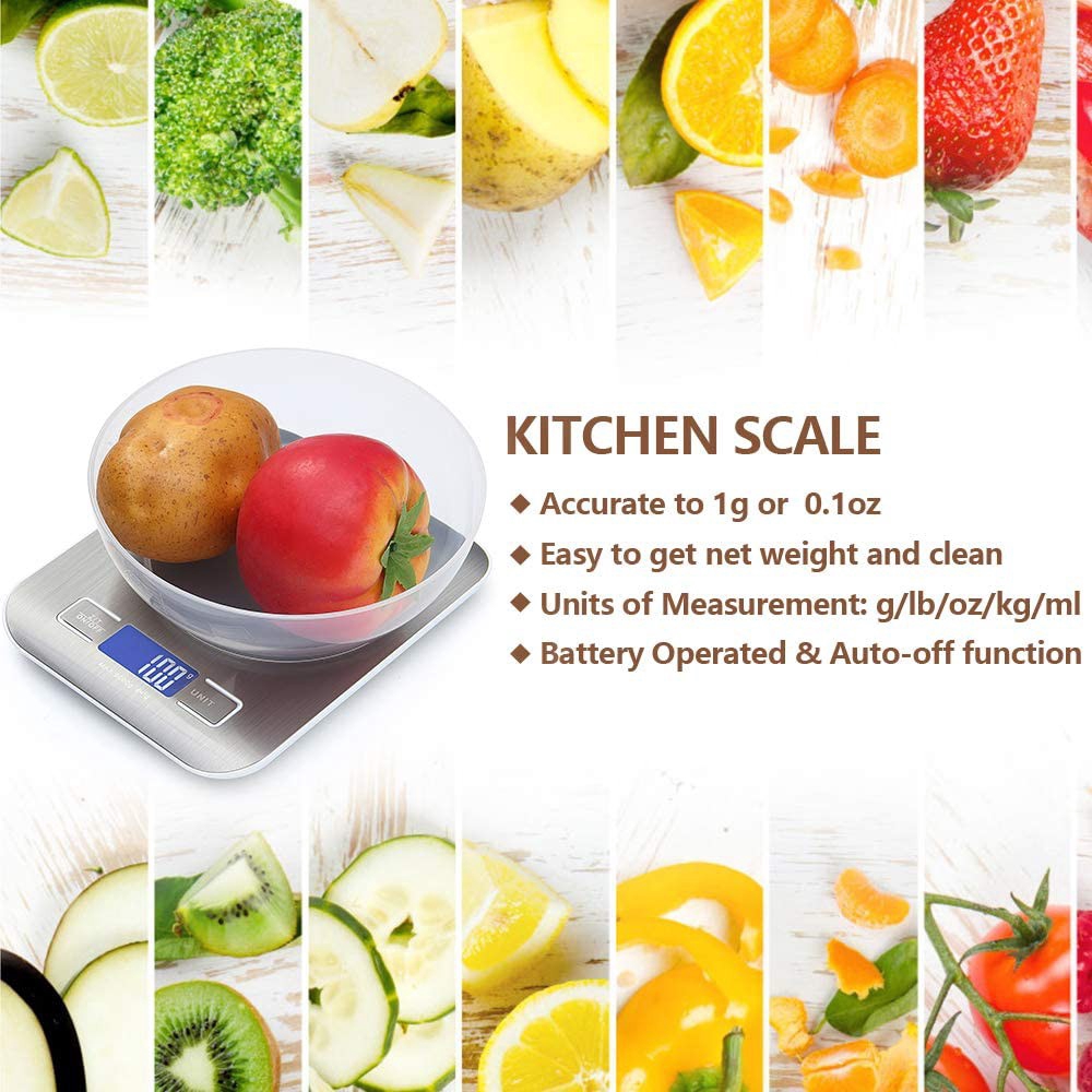 Cân thực phẩm kỹ thuật số Walfos bằng thép không gỉ với màn hình LCD (11lb / 5kg)