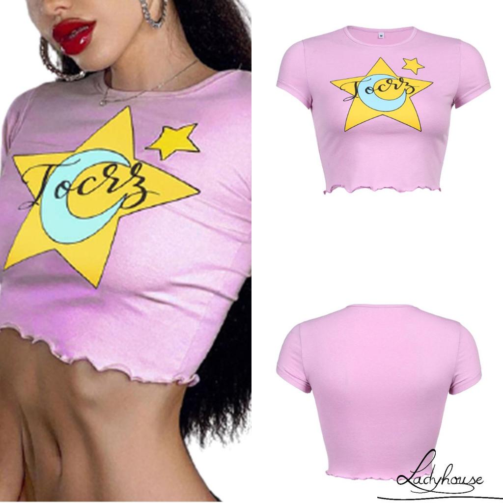Áo Croptop Tay Ngắn In Họa Tiết Mặt Trăng Ngôi Sao Thời Trang Mùa Hè Cho Nữ