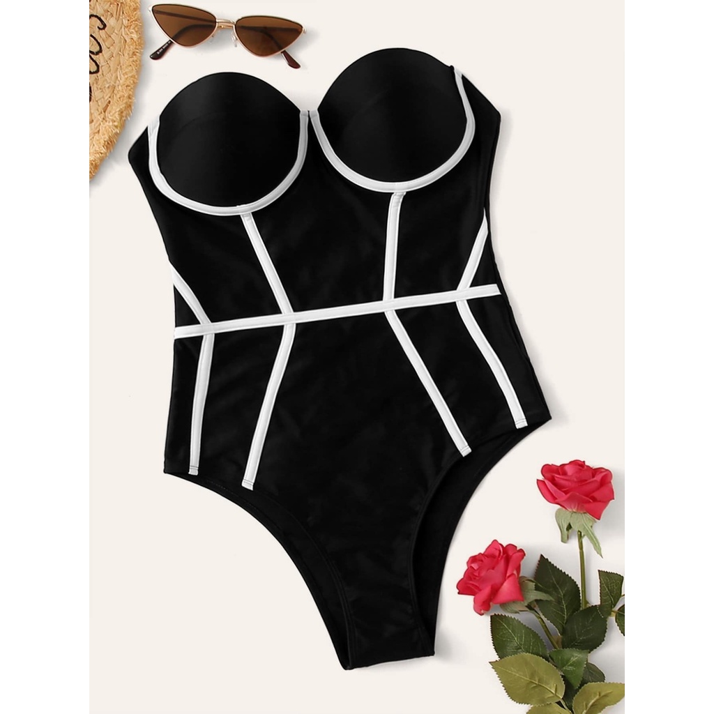 Phụ nữ Đồ Bơi Màu Đen In Hình Cup Push Up One Piece Bikini Đồ Bơi Tắm Suit