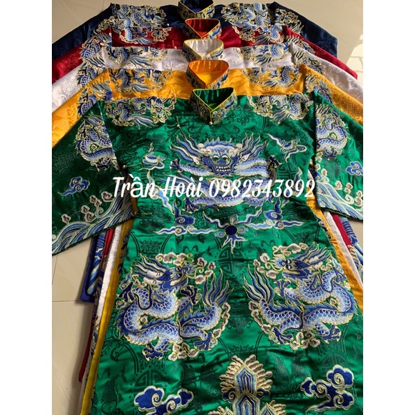 Khăn áo hầu đồng- Áo ngũ vị tôn quan hàng gấm đẹp thêu chỉ xanh