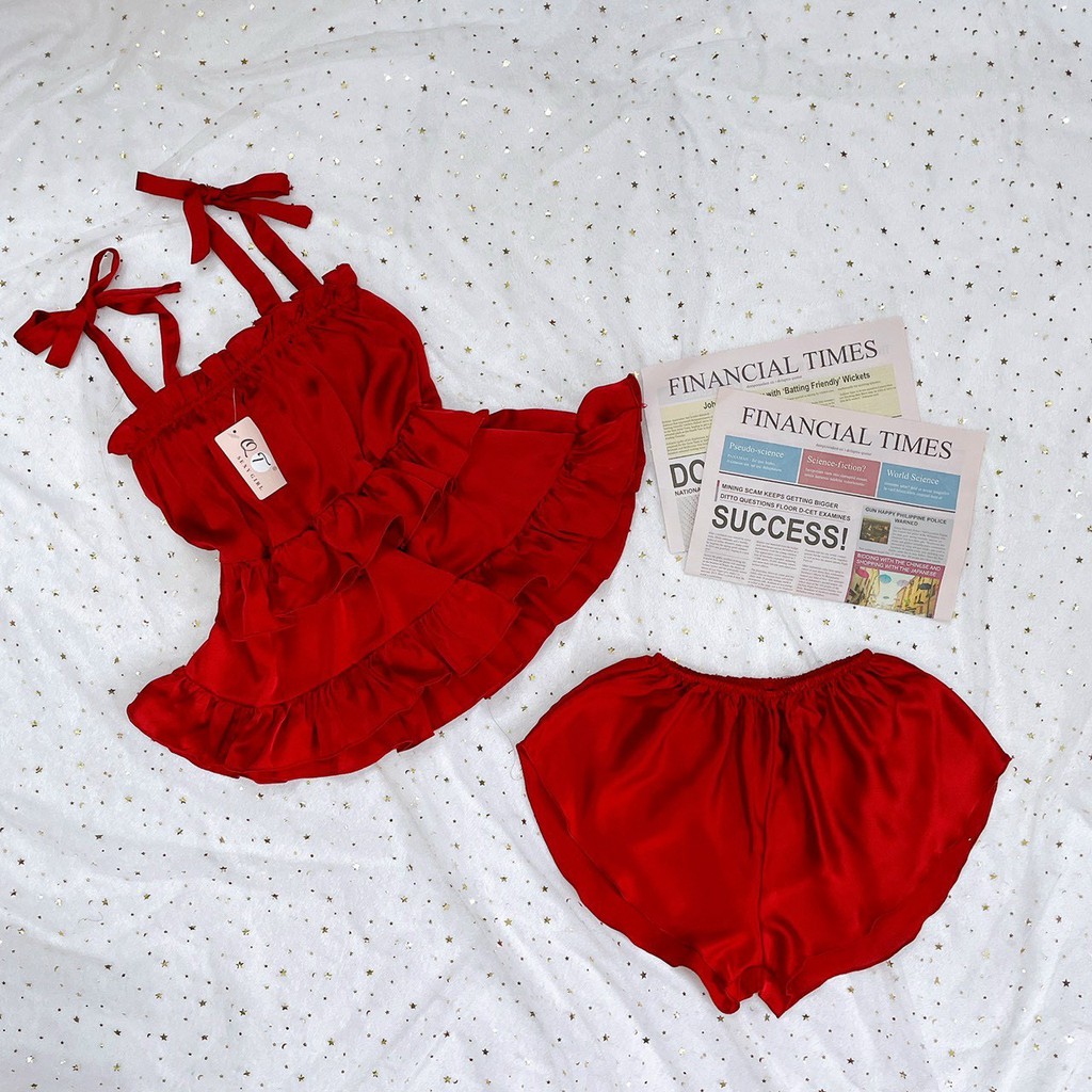 Đồ Ngủ Sexy - Đồ Ngủ Sexy 2 dây cột áo nhún tầng dễ thương freesize - Linqu Sleepwear
