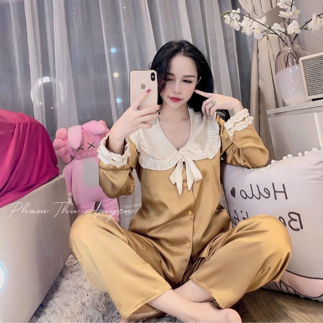 Set bộ đồ tiểu thư cổ viền bèo nơ trước, cổ sen chữ ký tay dài quần dài vải lụa mềm mịn-Thu Thảo Shop.