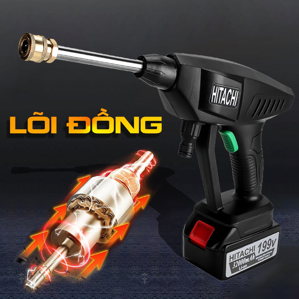 Máy rửa xe, vệ sinh, tưới hoa cầm tay dùng pin HITACHI 199V–Áp lực mạnh-Công suất 1400W