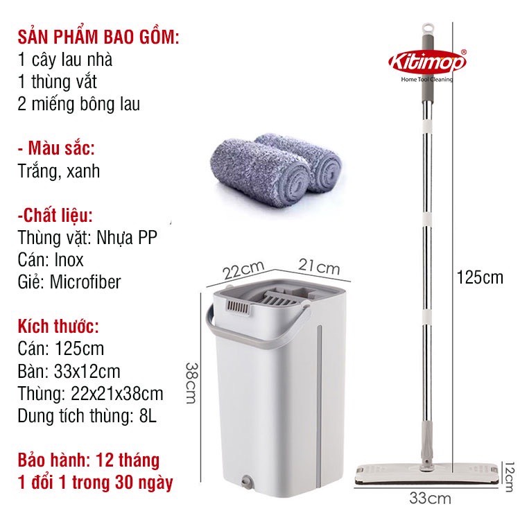 Thùng lau nhà tự vắt thông minh, chổi lau nhà 360 độ, lau sạch khô nhanh, bảo hành 12 tháng, 3 miếng lau - Kitimo