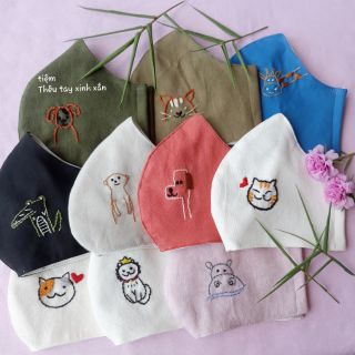 Khẩu trang vải linen thêu con vật cute