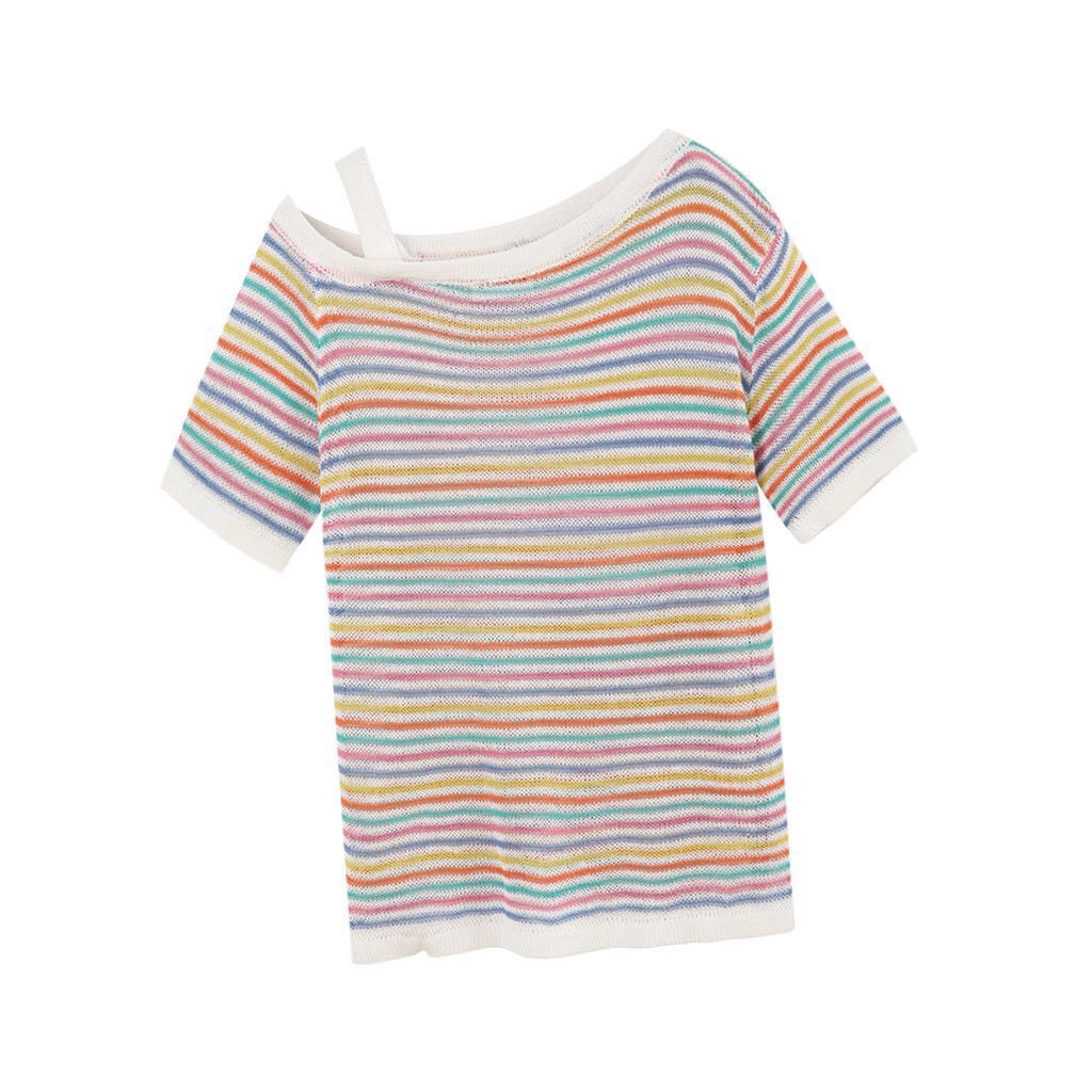  Silk Panya T-shirt Wind Shoulder Knitted Summer Inclined Rainbow 2019 Stripe Top Dress Ice Short New Sleeve Thin of | BigBuy360 - bigbuy360.vn