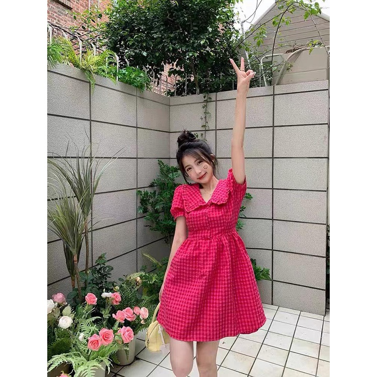 ✨BÁN SỈ✨Đầm kẻ hồng sen cổ bèo cúc bọc dáng ngăn