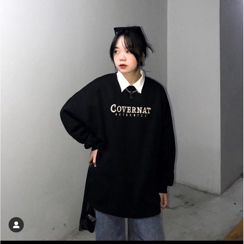 Áo Nỉ Tay Bồng Covernat L.Y Store Nữ [FREESHIP]  Sweater form rộng hiphop, thun đen in chữ basic cá tính Ulzzang