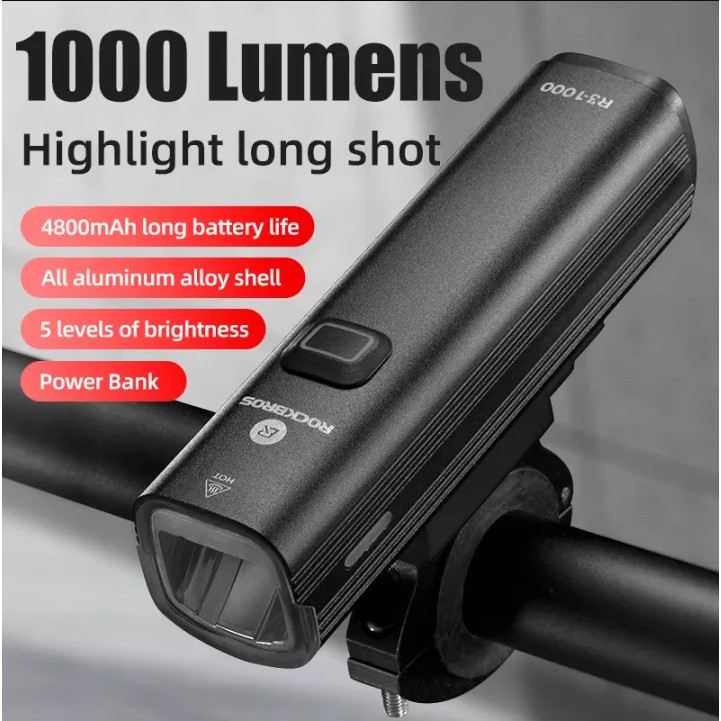 ROCKBROS 1000Lumen Flashlight Rechargeable 4800mah Alloy Case Waterproof Bicycle Accessories