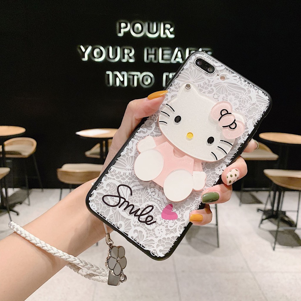 Ốp Điện Thoại Pc Thêu Ren Tích Hợp Gương Hình Hello Kitty + Dây Đeo Cho Iphone 5 6 7 8 11 12 X Xs Xr Se Plus Pro Max Mini 2020