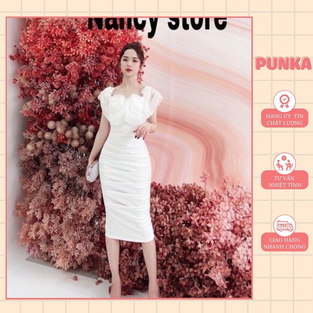 Váy thiết kế trễ vai tay bồng dáng ôm đi tiệc tiểu thư