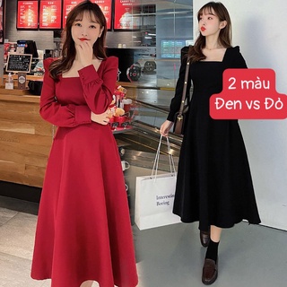 Váy voan cổ vuông đen đỏ ⚡️ảnh thật⚡️ váy đầm dáng dài chất voan đẹp, tay dài cực xinh