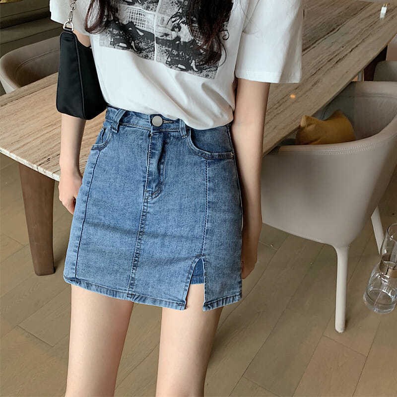 Chân váy jean SUXI dáng chữ A lưng cao xẻ tà thời trang mùa hè cho nữ