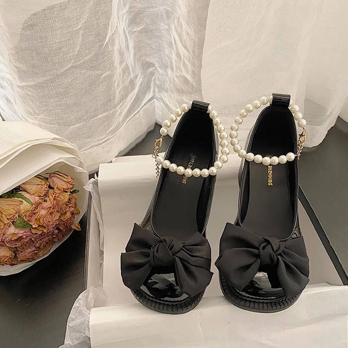 Giày lolita đê cao Giày Cao Gót Mary Jane Mũi Tròn Đính Nơ Phối Dây Ngọc Trai Phong Cách Thời Trang Mùa Hè 2022 Mới