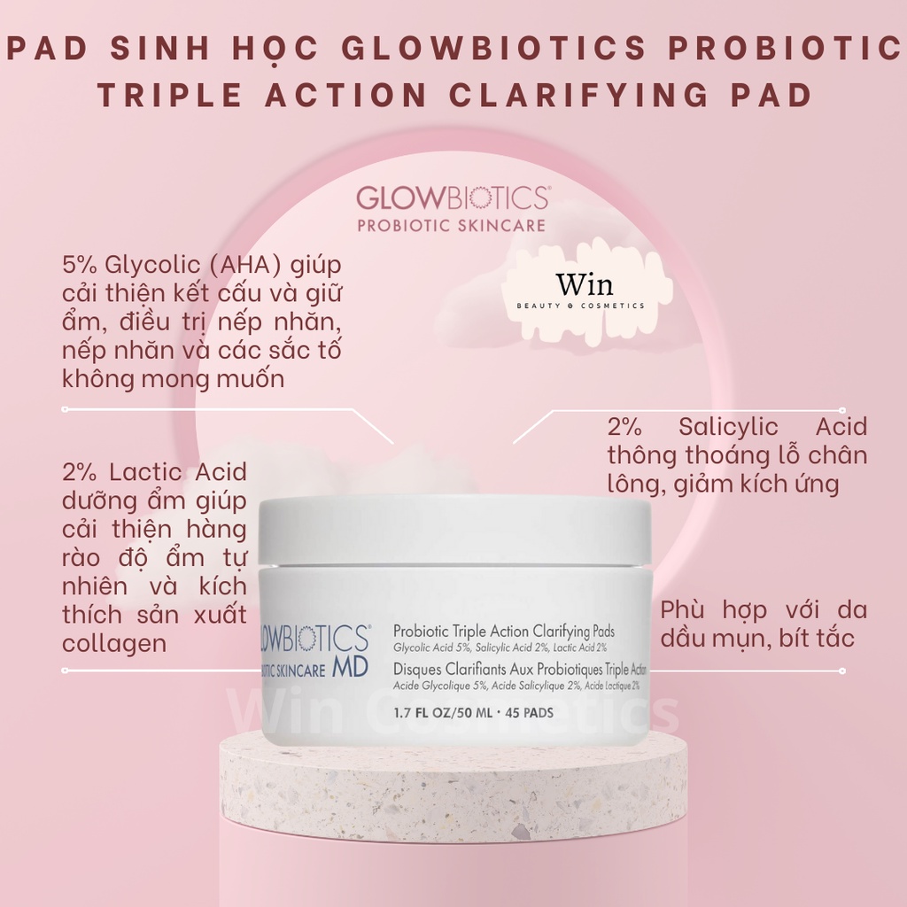 Pad sinh học Glowbiotics kiểm soát nhờn , giảm mụn Probiotic Triple Action Clarifying Pad Glowbiotics