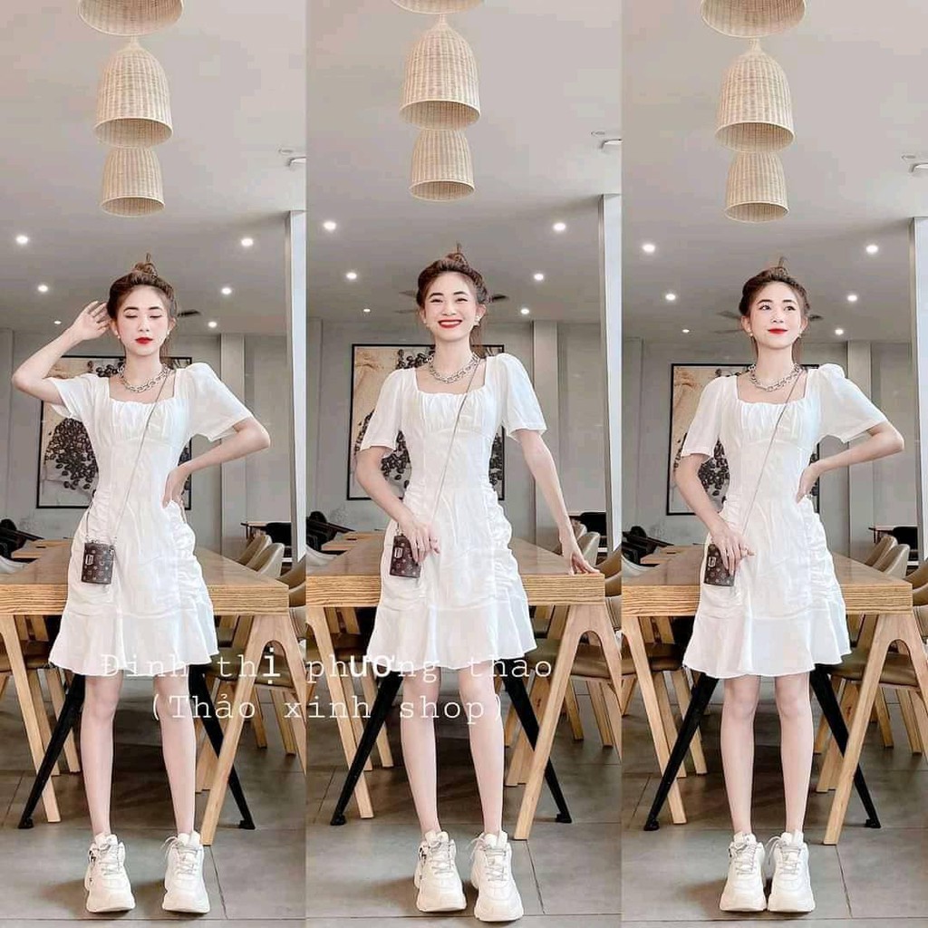 Váy cổ vuông tay ngắn váy cổ vuông CAMA SOTRE