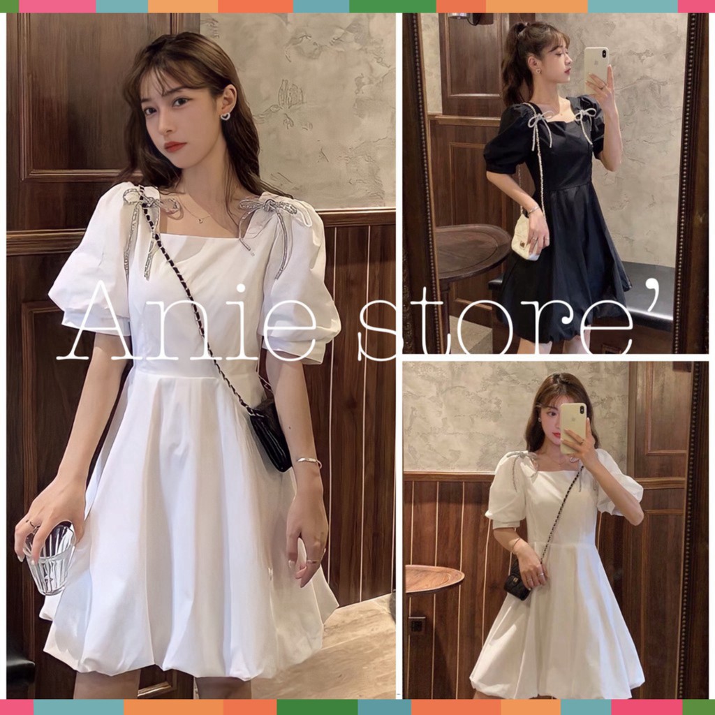 Đầm Nữ Ngắn Tay Bồng Nơ Cài Vai Hai Màu Siêu Xinh Nơ Vai ️🎶 Váy Nữ Dáng Xòe Cổ Vuông Đáng Yêu | BigBuy360 - bigbuy360.vn