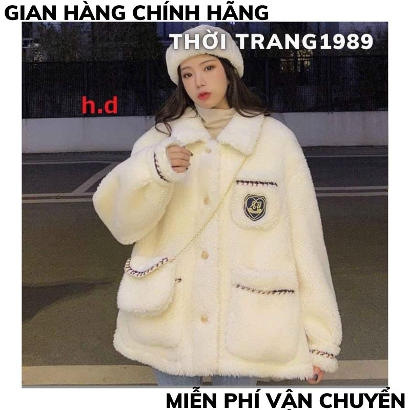 áo khoác lông kèm túi in logo ,áo khoác lông nữ ,form rộng phong cách ulzzang vintaghe hàn quốc ,XƯỞNG MAY TC2