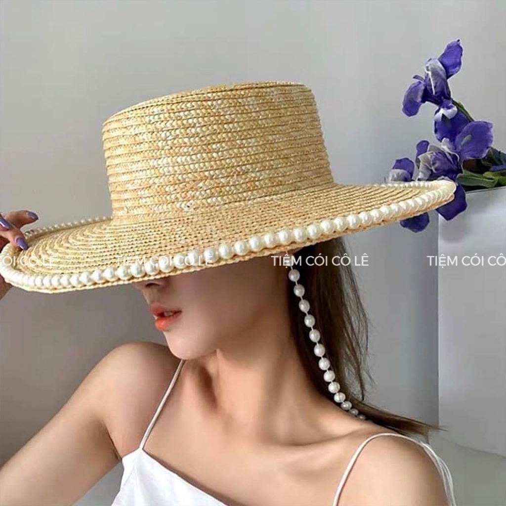 Nón cói rộng vành đi biển viền mũ và quai ngọc hàng Quảng Châu cao cấp - Tiệm Cói Cô Lê