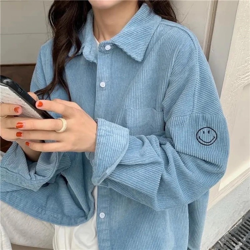 Áo Sơ Mi Nam Nữ Màu Hồng Xanh Dài Tay Chất Nhung Gân Tăm Thêu FACE Form Rộng Cài Cúc Phom Unisex Phong Cách Ulzzang