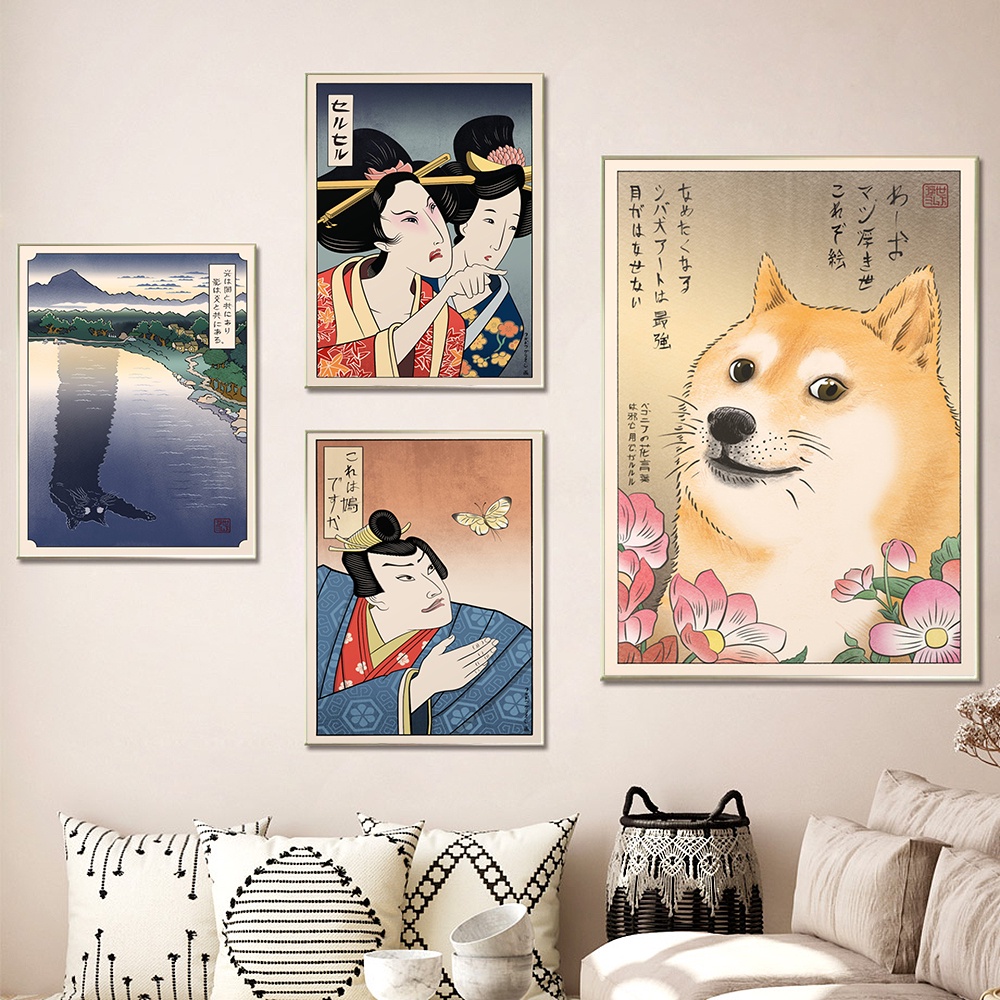 Tranh Vải Bạt Treo Tường In Hình Mèo Ukiyoe Kiểu Nhật Cổ Điển Trang Trí Nhà Cửa