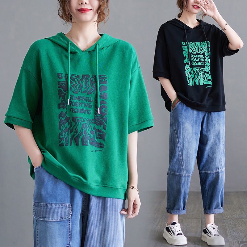 Áo Hoodie Tay Ngắn Dáng Rộng Cỡ Lớn Thời Trang Mùa Hè Cho Nữ