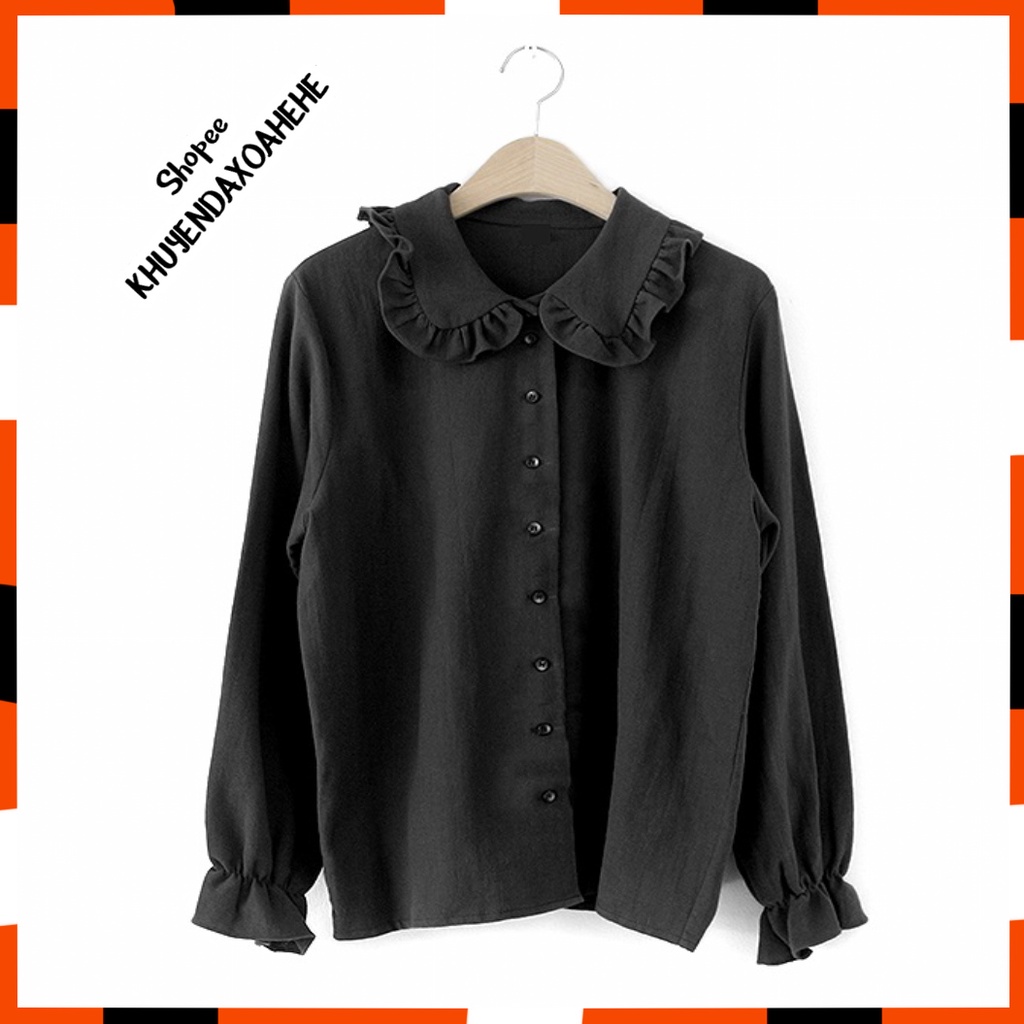 A002 Áo sơ mi nữ đen kiểu Hàn Quốc cổ bèo tay bồng tiểu thư nữ tính, áo ulzzang thô đũi vintage retro lolita búp bê JK