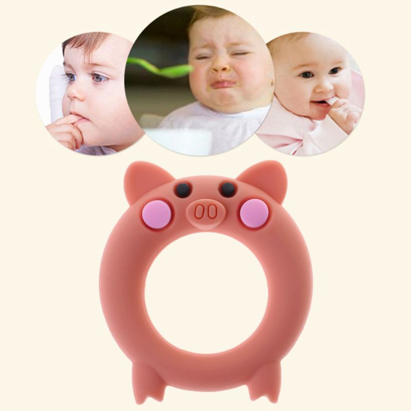 WIT Baby Teether Food Grade Silicone Cartoon Pig Teething Oral Care Newborn Pacifier Soother Chew Toys DIY Necklace Pain Relief Massage Teeth Bracelet Ring Soft Elastic