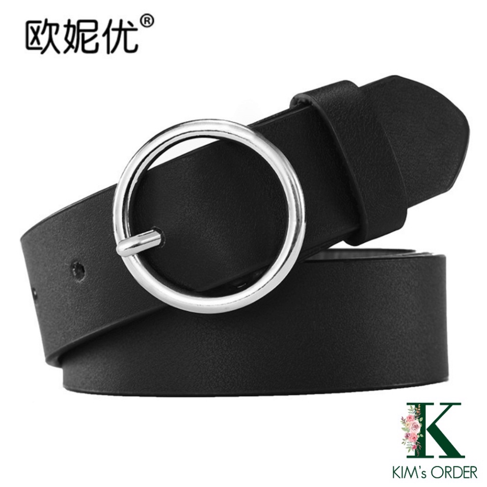 Thắt lưng nữ dây nịt đai váy mặt tròn có lỗ bản nhỏ 2cm chất liệu da màu đen basic phong cách Ulzzang Hàn Quốc