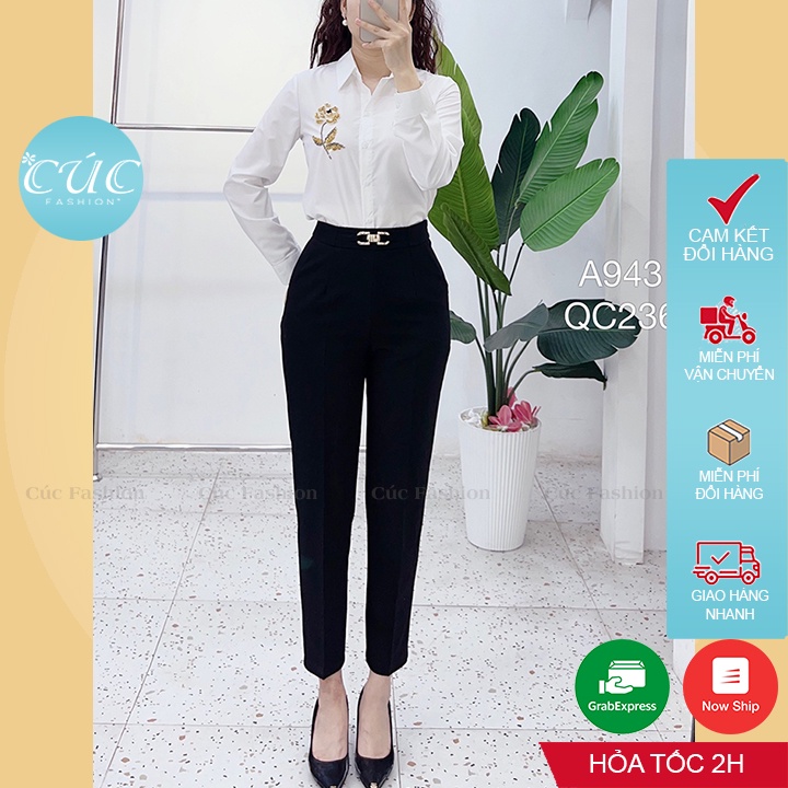 Áo sơ mi nữ CÚC FASHION somi cao cấp vải lụa đẹp thời trang công sở dễ thương trắng đi học thêu cườm dài tay A943