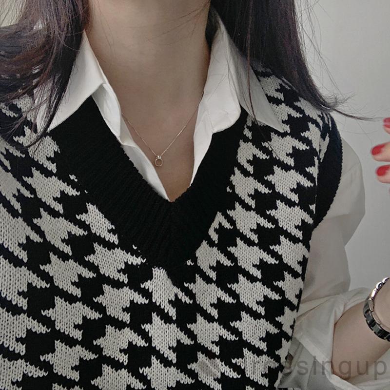 Áo Len Không Tay Dáng Rộng Cổ Chữ V In Họa Tiết Độc Đáo Cho Nữ