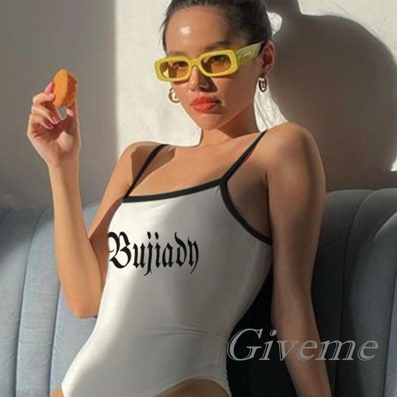 Bộ Áo Liền Quần Hai Dây Ôm Dáng In Chữ Màu Sắc Tương Phản Thời Trang Cho Nữ