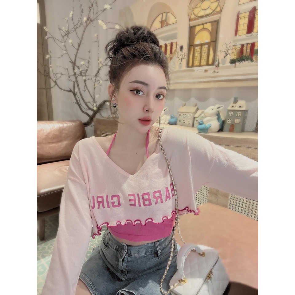 Set yếm kèm áo dài tay viền bèo BARBIE hot hit MAIANHSHOP