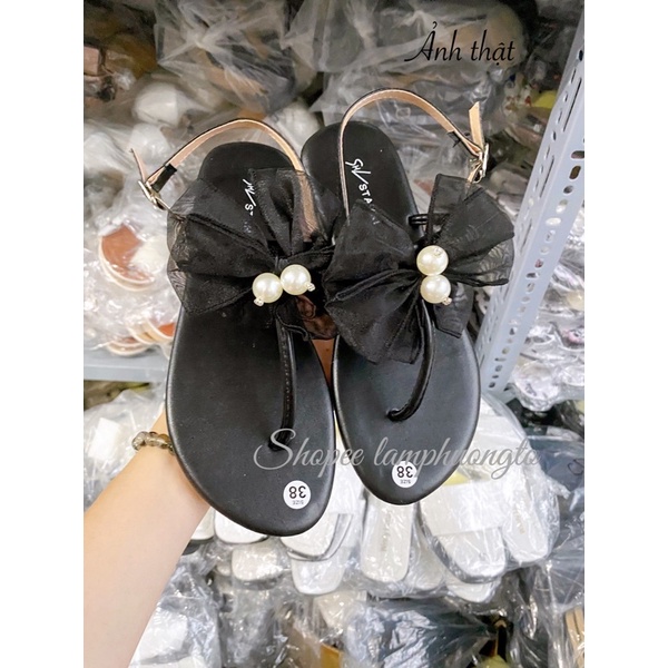 Giày sandal quai kẹp ngón đinh nơ voan tiểu thư KV