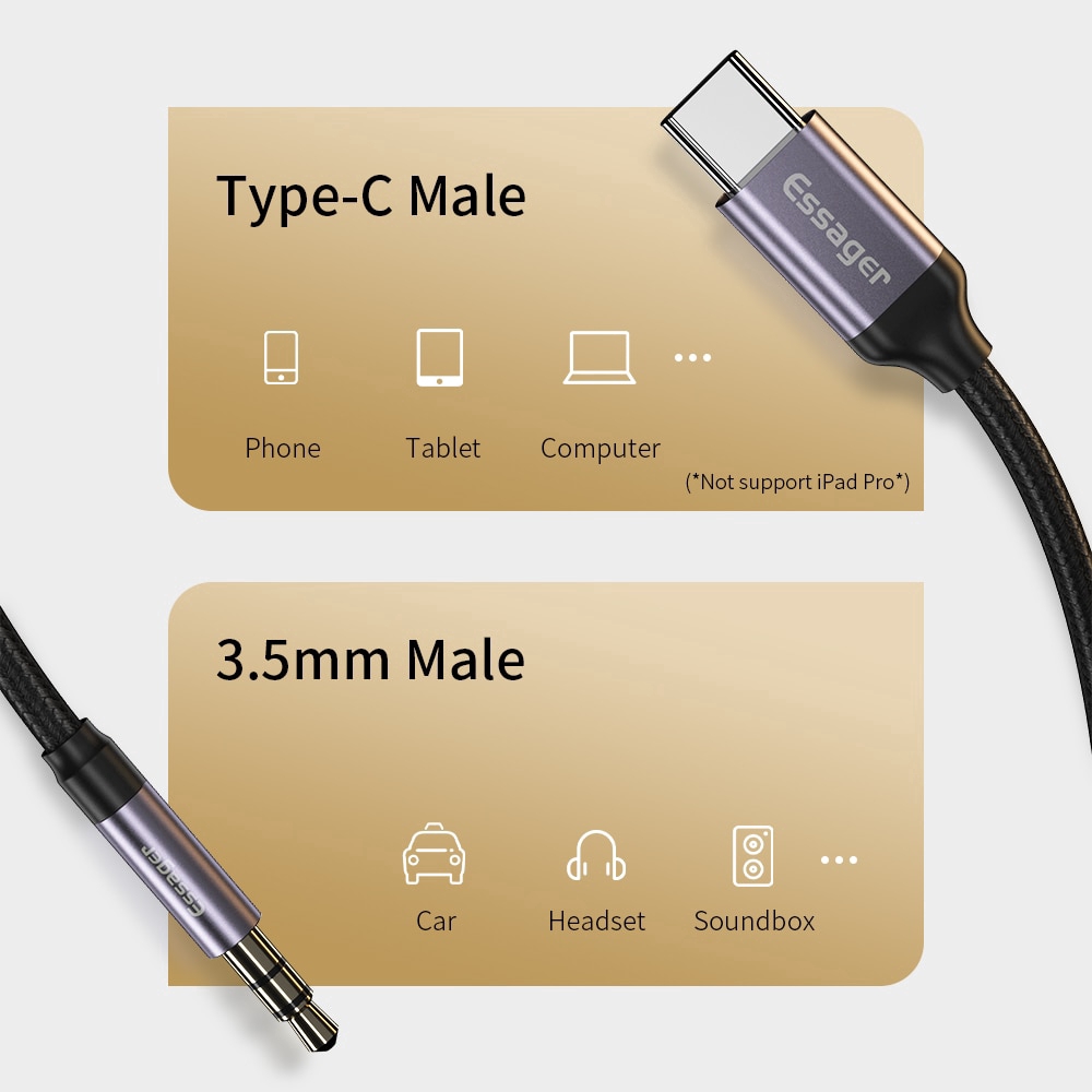 Cáp Âm Thanh Essager Chuyển Đổi Giắc USB Type C Sang 3.5mm Tiện Dụng