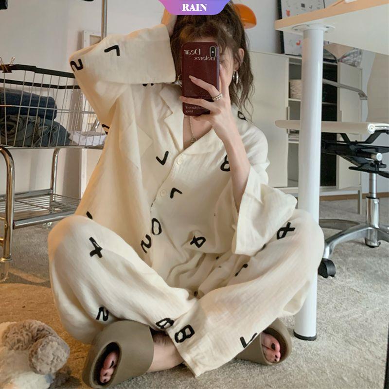 Bộ Đồ Ngủ Hai Mảnh Cardigan Mỏng Dáng Rộng In Số Phong Cách Harajuku Đáng Yêu Có Thể Worn Mặc Ở Nhà [RAIN]