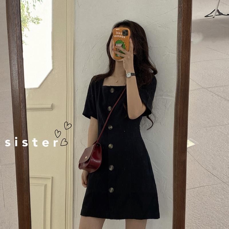 Đầm đen cổ vuông thiết kế phong cách Hepburn Hàn Quốc | BigBuy360 - bigbuy360.vn