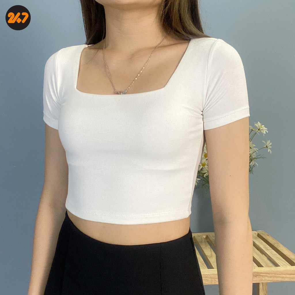 Áo Croptop Cổ Vuông Cộc Tay Nữ - Thun trơn body dáng ôm, phông ngắn sexy màu TRẮNG | ĐEN Ulzzang, Crop205