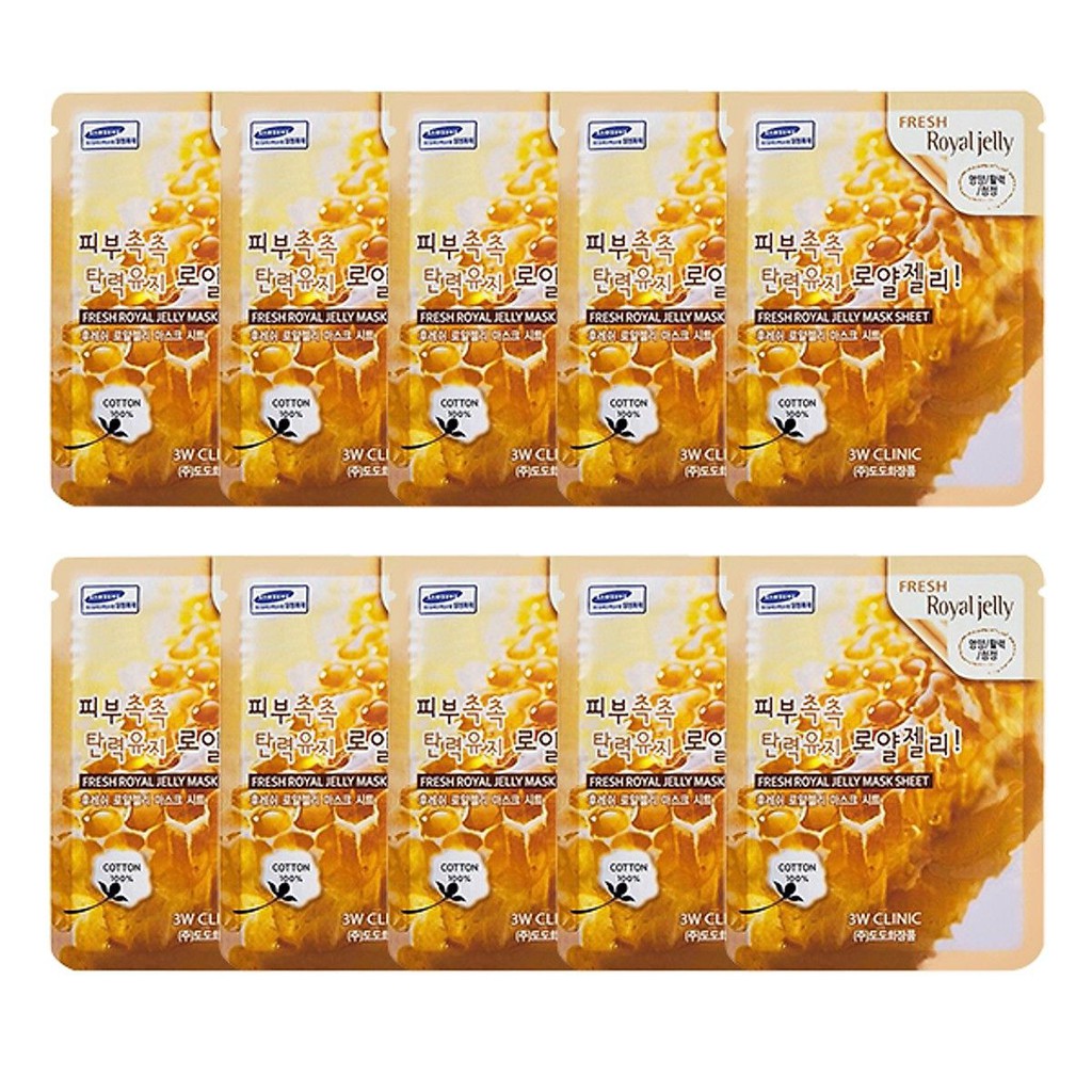 Combo 10 miếng mặt nạ chiết xuất sữa ong chúa  3W CLINIC FRESH ROYAL JELLY MASK SHEET 23g Hàn Quốc