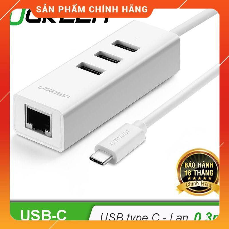 Cáp chuyển đổi USB type C sang Ethernet RJ45 + Hub 3 cổng USB 2.0 dài 30cm UGREEN 20792 dailyphukien