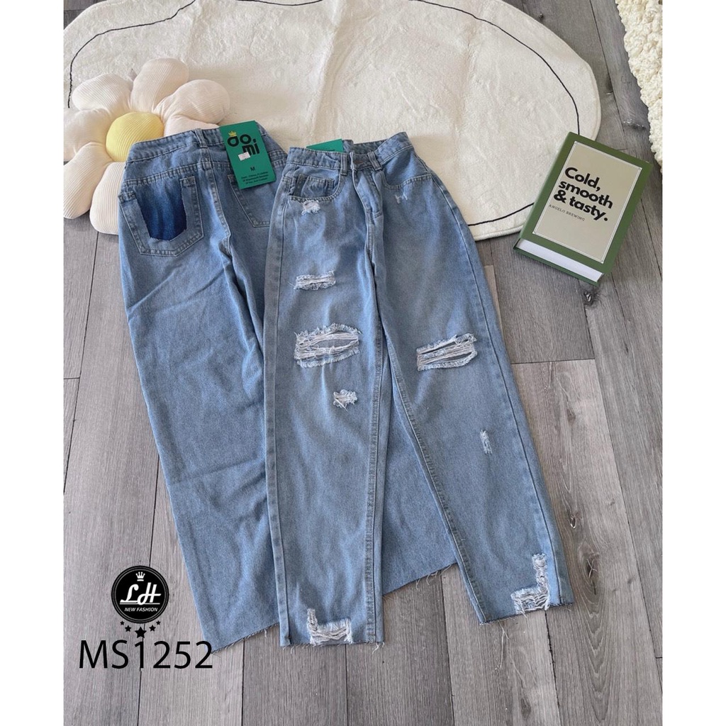 Quần bò baggy màu xanh khoét túi sau rách gối 2 bên xả lai cực chất  ảnh thật Lê Huy fashion Ms 1252