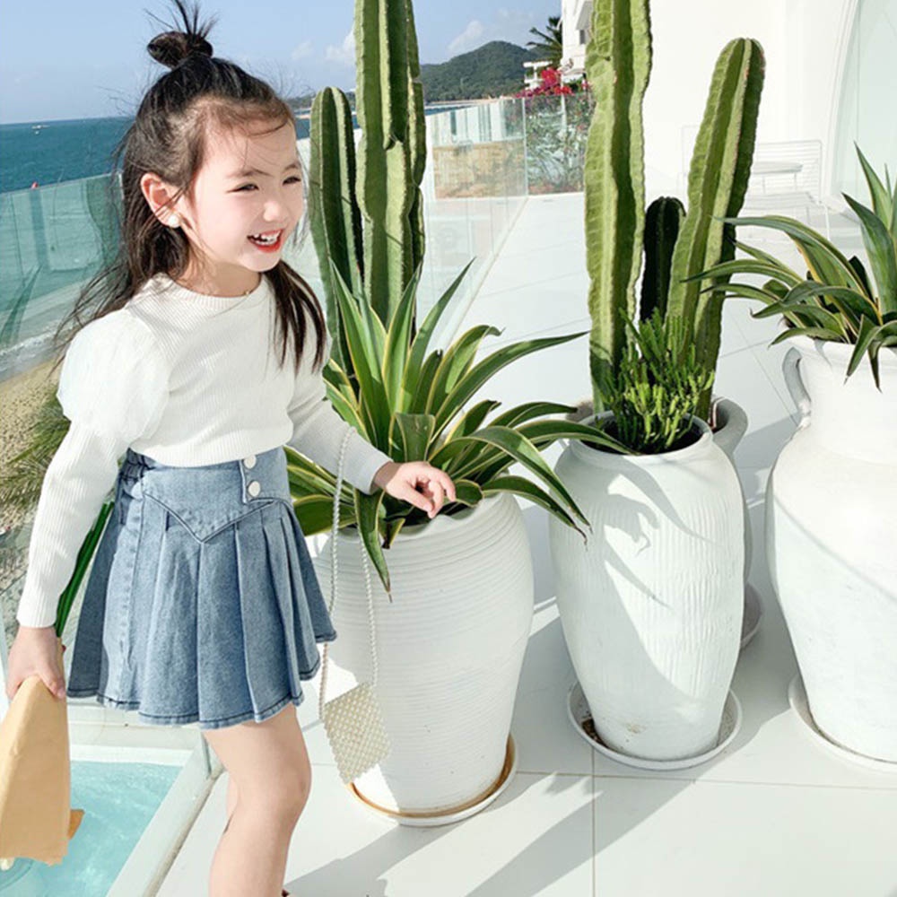Đầm denim Bear Leader xếp ly màu trơn phong cách mùa hè 2022 cho bé 2-7 tuổi