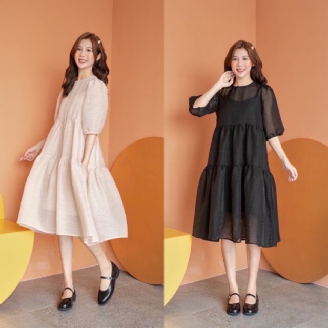 Váy babydoll xoe tầng vải tơ gân xinh xắn bầu bí bon chen