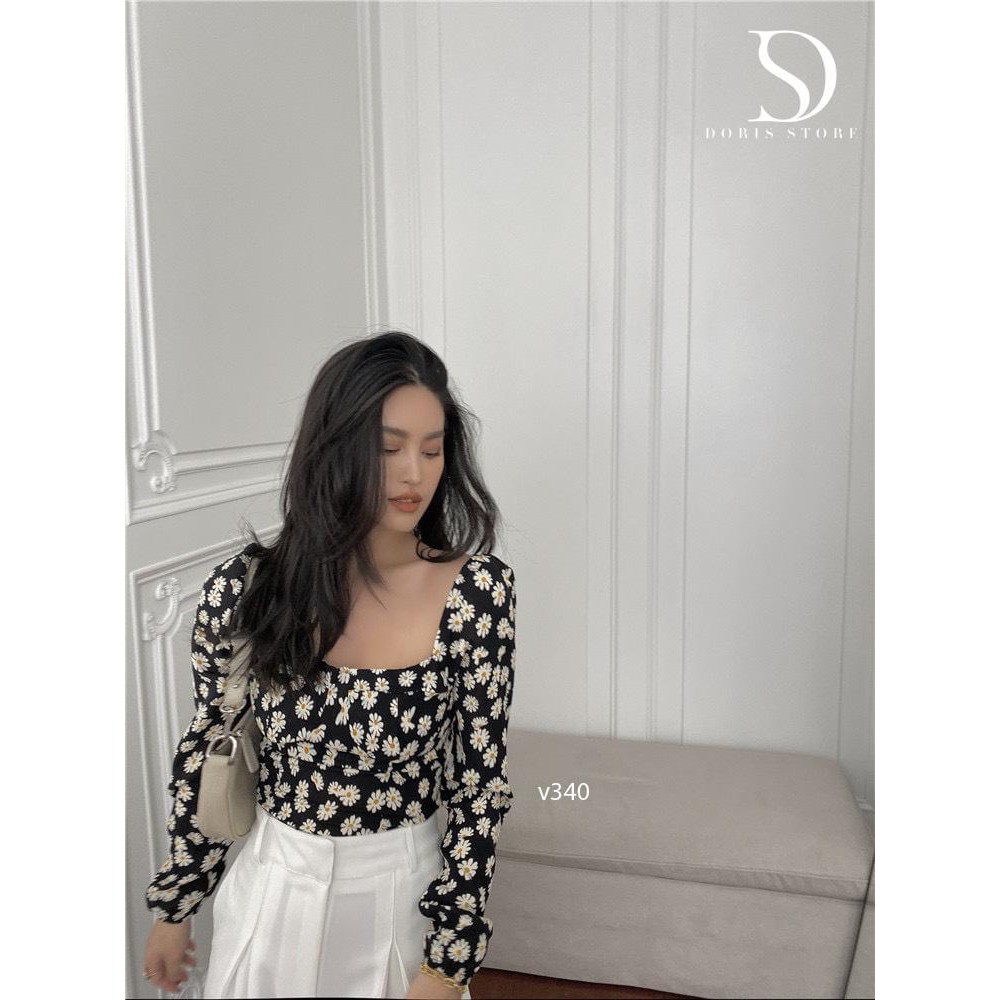 Áo croptop hoa cúc dài tay (sẵn hàng ảnh thật)
