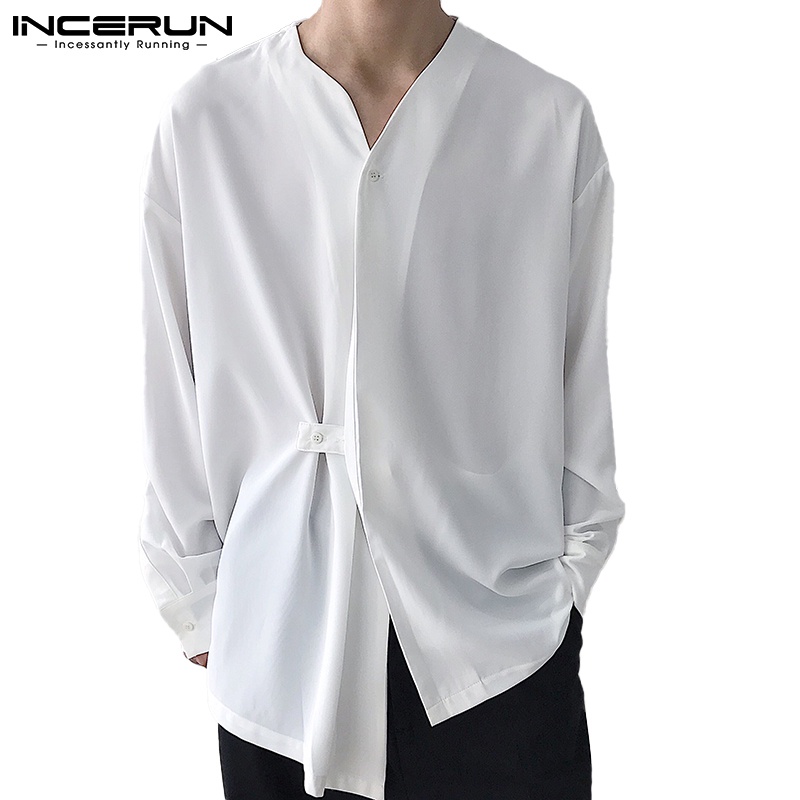 Áo kiểu INCERUN cổ chữ V dài tay dáng rộng màu trơn thời trang dành cho nam